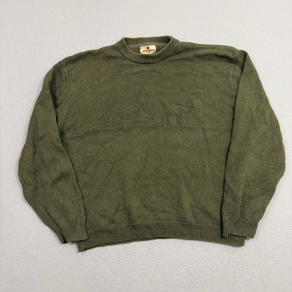 Vintage Woolrich Sweater 2XL Olive Moose Mountain Scene Ramie Cotton Pullover